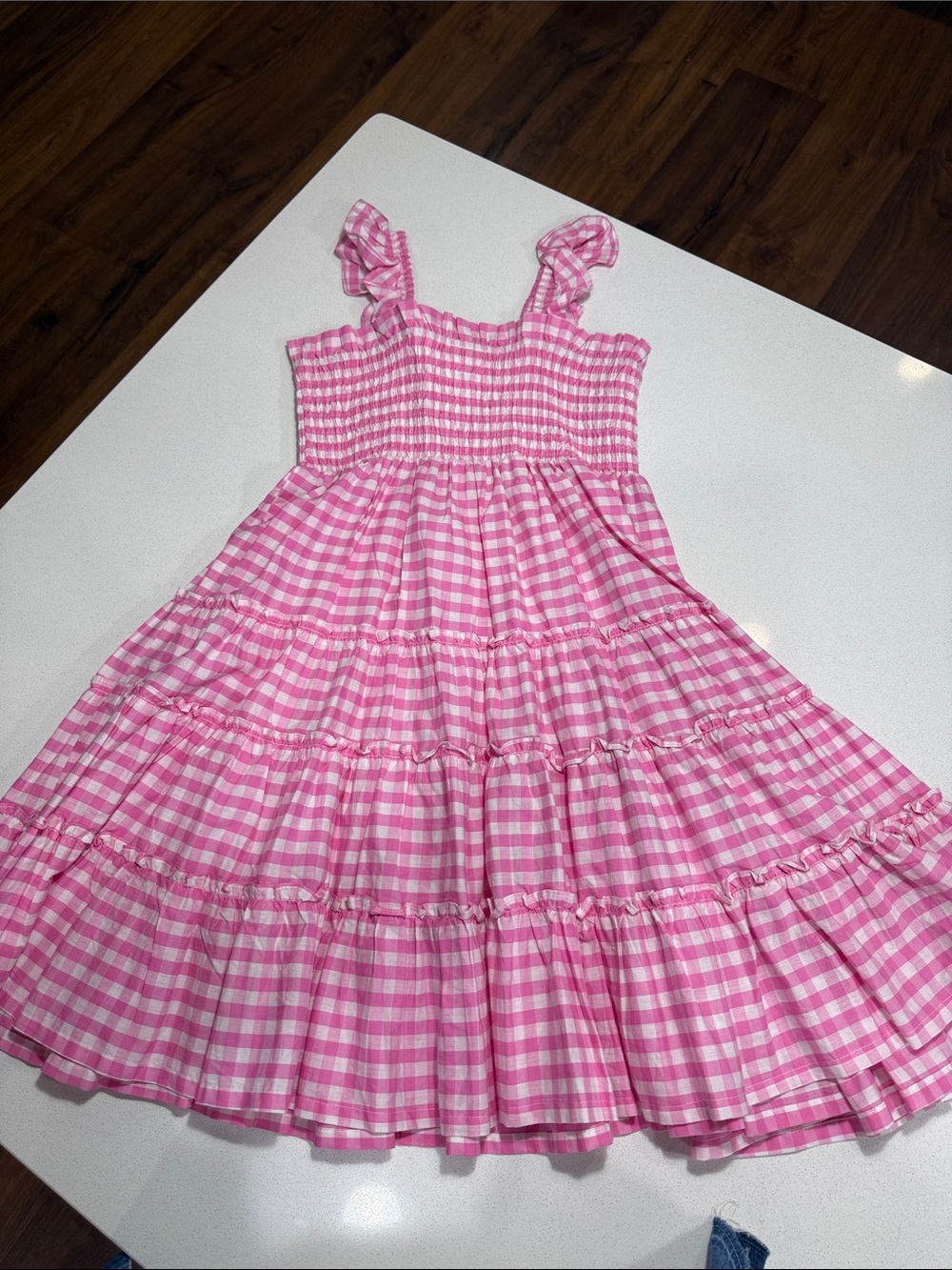 Girls' Pink Gingham Tiered Sundress with Ruffle Straps